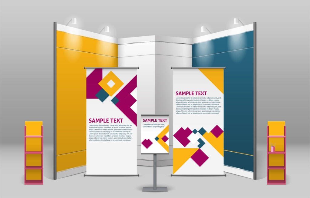 Advertising exhibition stand design with promotional elements in corporate identity style isolated vector illustration